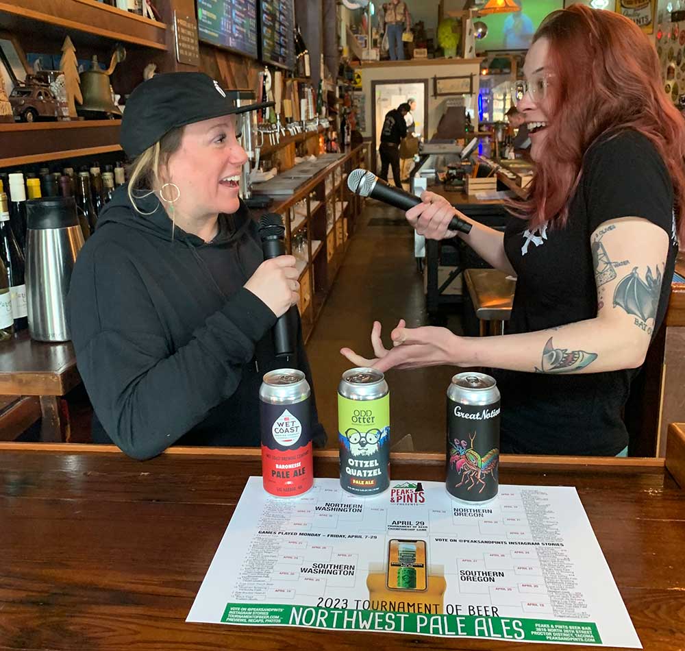 Peaks & Pints bartenders Amy Kirk, left, and Nicole Allen call today's Tournament of Beer: Northwest Pale Ales action.